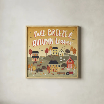 Harvest Village III by Laura Marshall. Shown in a natural wood glass frame for a timeless modern aesthetic. Available as an archival giclee rolled canvas, fine art paper, or poster print. SKU 50362a.