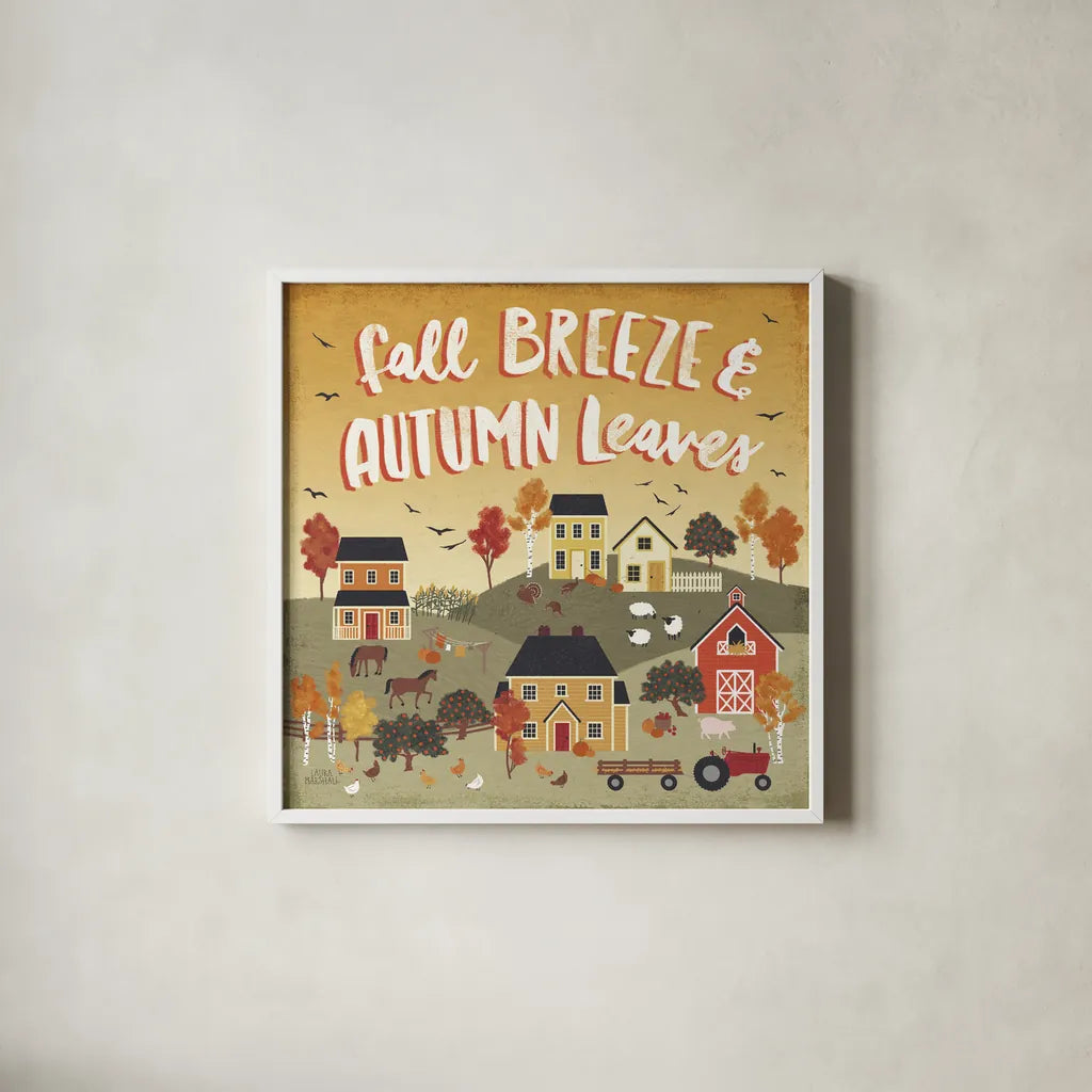 Harvest Village III by Laura Marshall. Shown in a crisp white glass frame for a clean and minimalist style. Available as an archival giclee rolled canvas, fine art paper, or poster print. SKU 50362a.