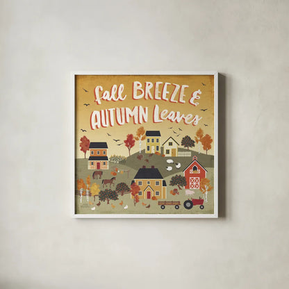 Harvest Village III by Laura Marshall. Shown in a crisp white glass frame for a clean and minimalist style. Available as an archival giclee rolled canvas, fine art paper, or poster print. SKU 50362a.