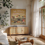 Harvest Village III by Laura Marshall. Shown in a natural wood frame in a cozy modern living room. Available as an archival giclee rolled canvas, fine art paper, or poster print. SKU 50362a.