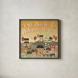 Harvest Village III Script by Laura Marshall. Shown in a sleek black glass frame for a contemporary gallery look. Available as an archival giclee rolled canvas, fine art paper, or poster print. SKU 62640a.