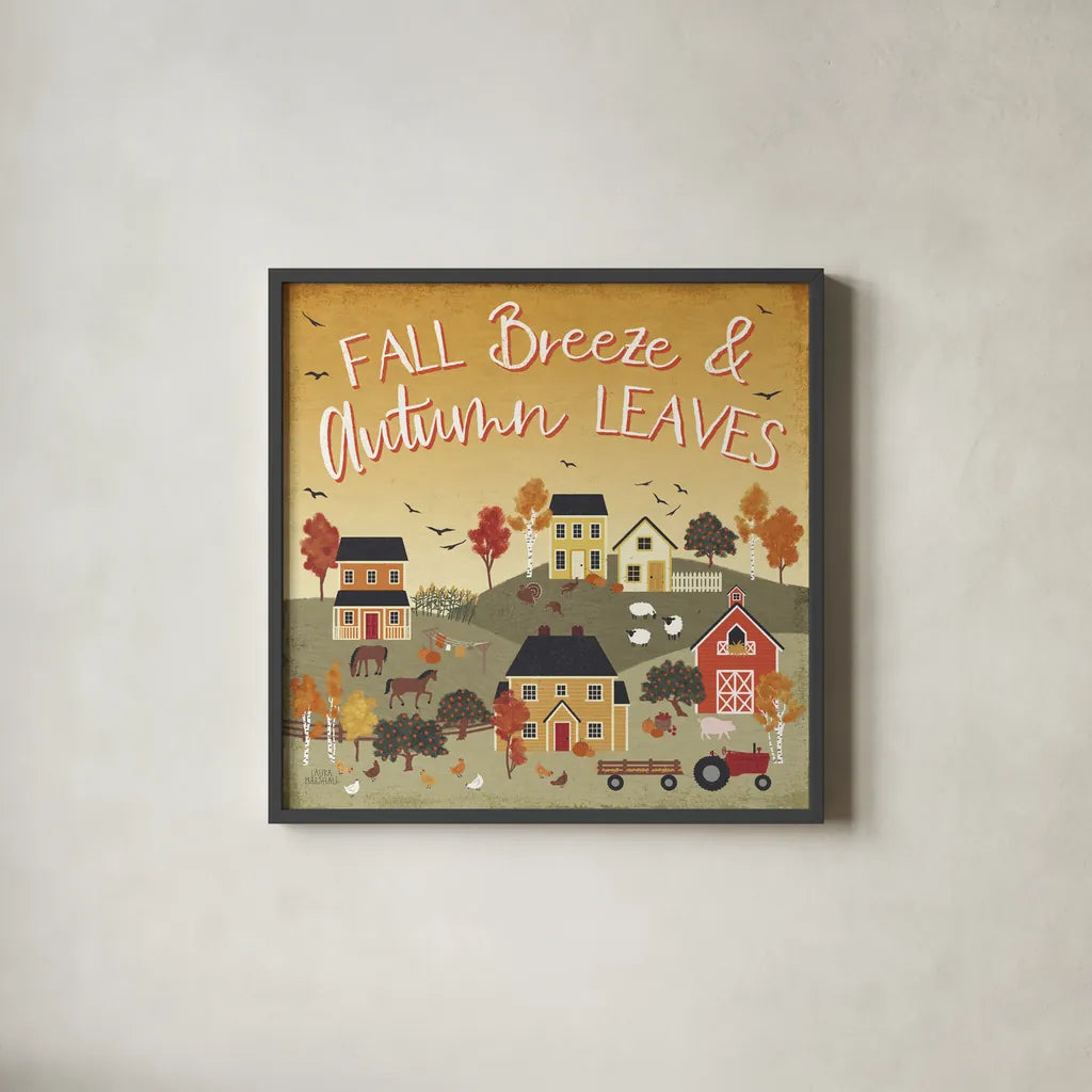 Harvest Village III Script by Laura Marshall. Shown in a sleek black glass frame for a contemporary gallery look. Available as an archival giclee rolled canvas, fine art paper, or poster print. SKU 62640a.