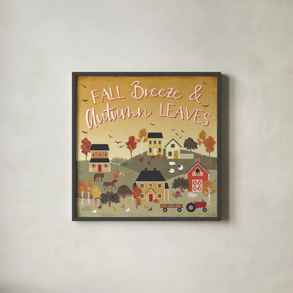 Harvest Village III Script by Laura Marshall. Shown in a sleek black glass frame for a contemporary gallery look. Available as an archival giclee rolled canvas, fine art paper, or poster print. SKU 62640a.