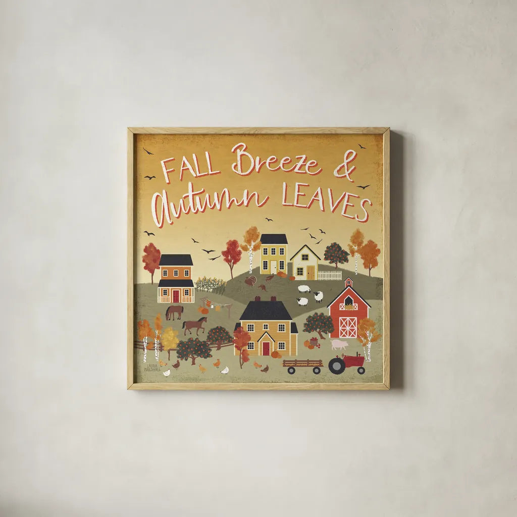 Harvest Village III Script by Laura Marshall. Shown in a natural wood glass frame for a timeless modern aesthetic. Available as an archival giclee rolled canvas, fine art paper, or poster print. SKU 62640a.