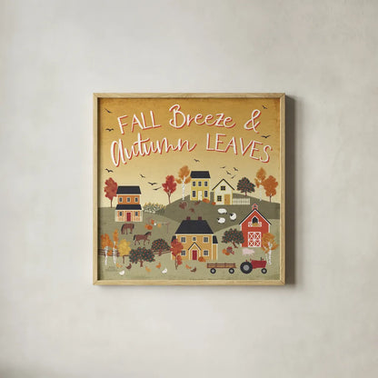 Harvest Village III Script by Laura Marshall. Shown in a natural wood glass frame for a timeless modern aesthetic. Available as an archival giclee rolled canvas, fine art paper, or poster print. SKU 62640a.