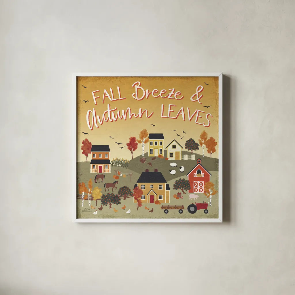 Harvest Village III Script by Laura Marshall. Shown in a crisp white glass frame for a clean and minimalist style. Available as an archival giclee rolled canvas, fine art paper, or poster print. SKU 62640a.