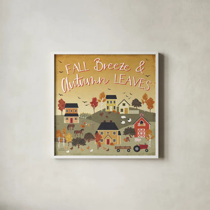 Harvest Village III Script by Laura Marshall. Shown in a crisp white glass frame for a clean and minimalist style. Available as an archival giclee rolled canvas, fine art paper, or poster print. SKU 62640a.