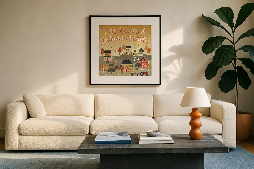 Harvest Village III Script by Laura Marshall. Displayed in a glass frame with matte in a clean modern living room. Available as an archival giclee rolled canvas, fine art paper, or poster print. SKU 62640a.
