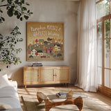 Harvest Village IV by Laura Marshall. Shown in a natural wood frame in a cozy modern living room. Available as an archival giclee rolled canvas, fine art paper, or poster print. SKU 50363a.