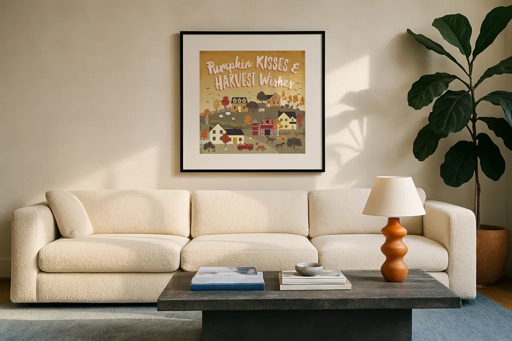 Harvest Village IV by Laura Marshall. Displayed in a glass frame with matte in a clean modern living room. Available as an archival giclee rolled canvas, fine art paper, or poster print. SKU 50363a.