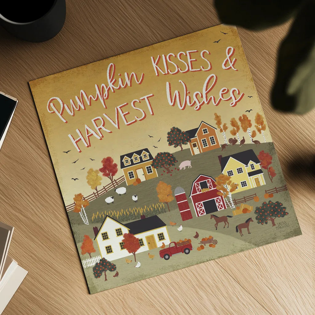 Harvest Village IV Script by Laura Marshall. Shown as a detailed flat fine art print, highlighting archival giclee quality. Available as an archival giclee rolled canvas, fine art paper, or poster print. SKU 62641a.