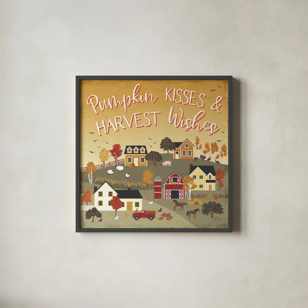 Harvest Village IV Script by Laura Marshall. Shown in a sleek black glass frame for a contemporary gallery look. Available as an archival giclee rolled canvas, fine art paper, or poster print. SKU 62641a.