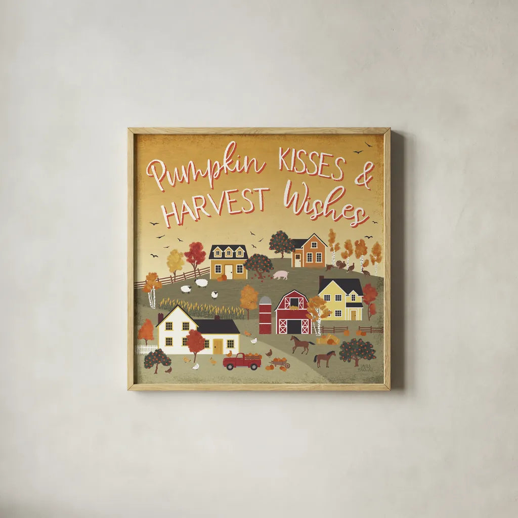 Harvest Village IV Script by Laura Marshall. Shown in a natural wood glass frame for a timeless modern aesthetic. Available as an archival giclee rolled canvas, fine art paper, or poster print. SKU 62641a.