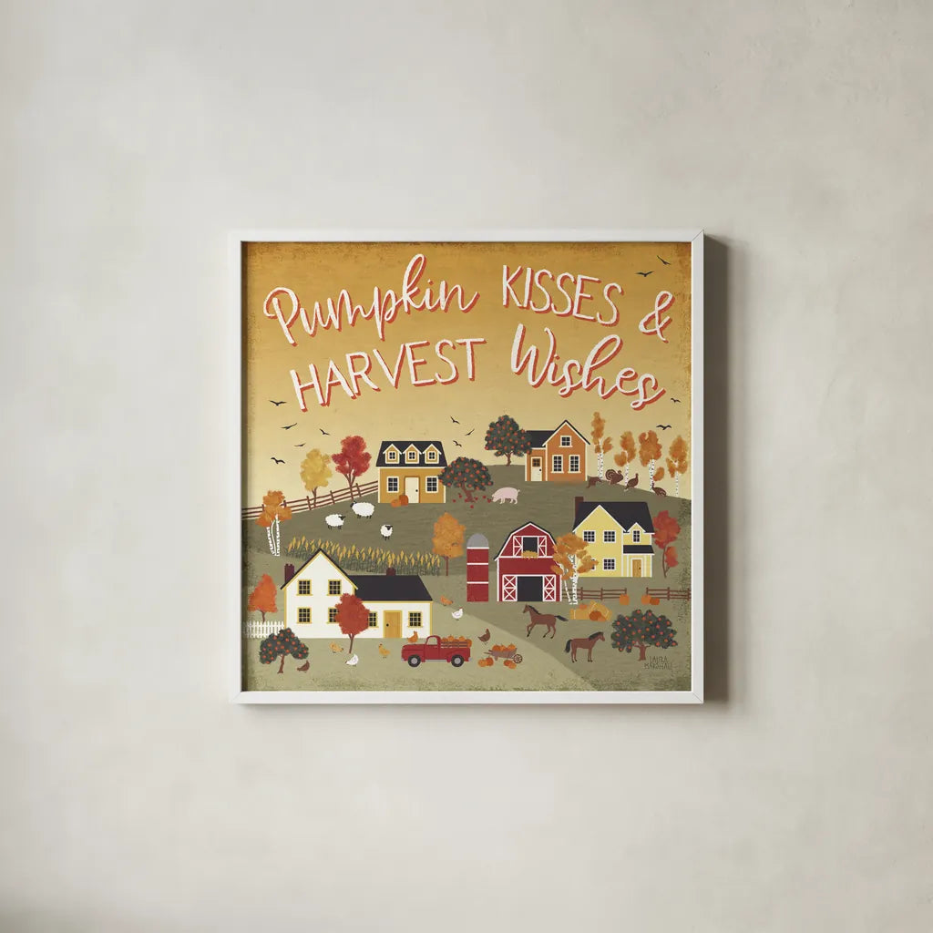 Harvest Village IV Script by Laura Marshall. Shown in a crisp white glass frame for a clean and minimalist style. Available as an archival giclee rolled canvas, fine art paper, or poster print. SKU 62641a.