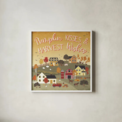 Harvest Village IV Script by Laura Marshall. Shown in a crisp white glass frame for a clean and minimalist style. Available as an archival giclee rolled canvas, fine art paper, or poster print. SKU 62641a.