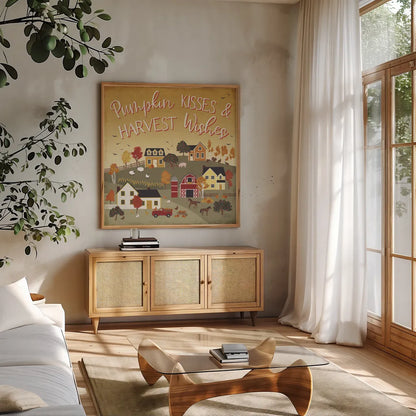 Harvest Village IV Script by Laura Marshall. Shown in a natural wood frame in a cozy modern living room. Available as an archival giclee rolled canvas, fine art paper, or poster print. SKU 62641a.