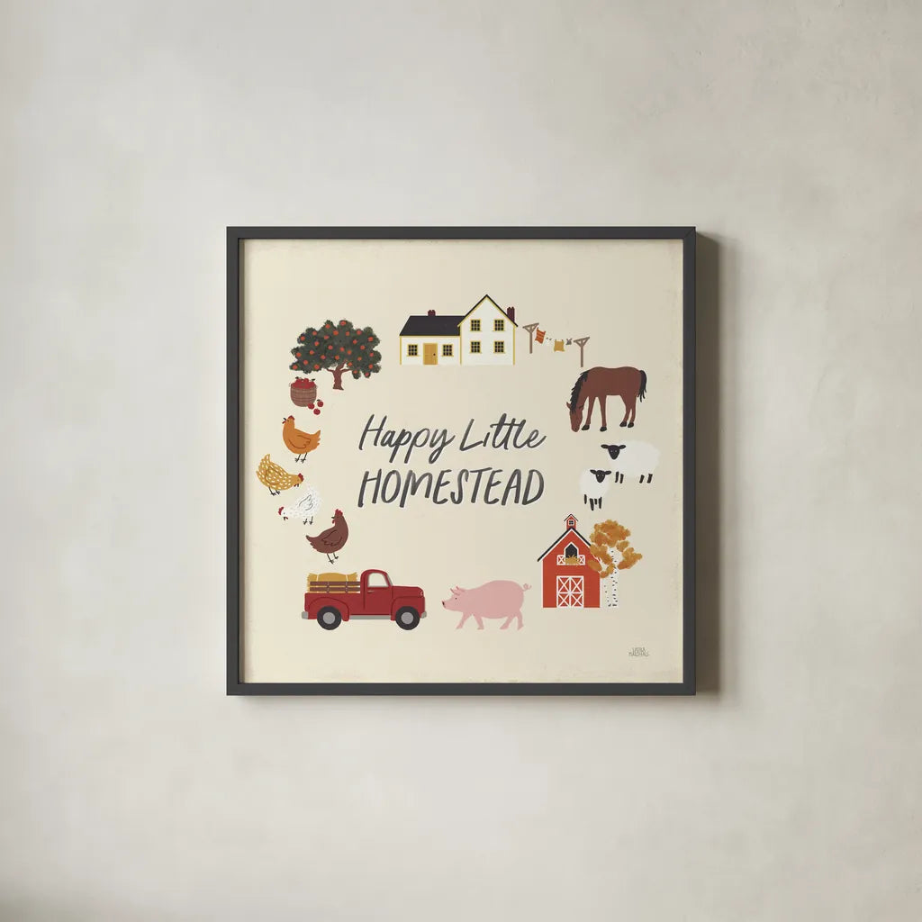 Harvest Village V by Laura Marshall. Shown in a sleek black glass frame for a contemporary gallery look. Available as an archival giclee rolled canvas, fine art paper, or poster print. SKU 101774a.
