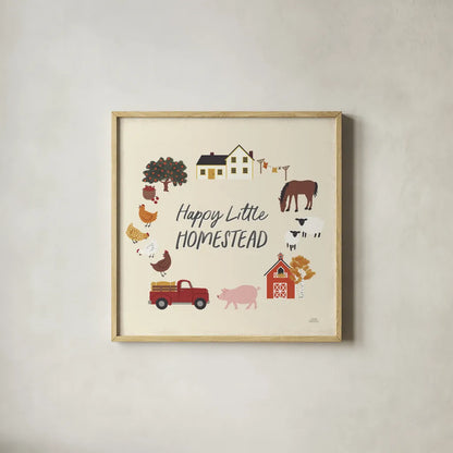 Harvest Village V by Laura Marshall. Shown in a natural wood glass frame for a timeless modern aesthetic. Available as an archival giclee rolled canvas, fine art paper, or poster print. SKU 101774a.