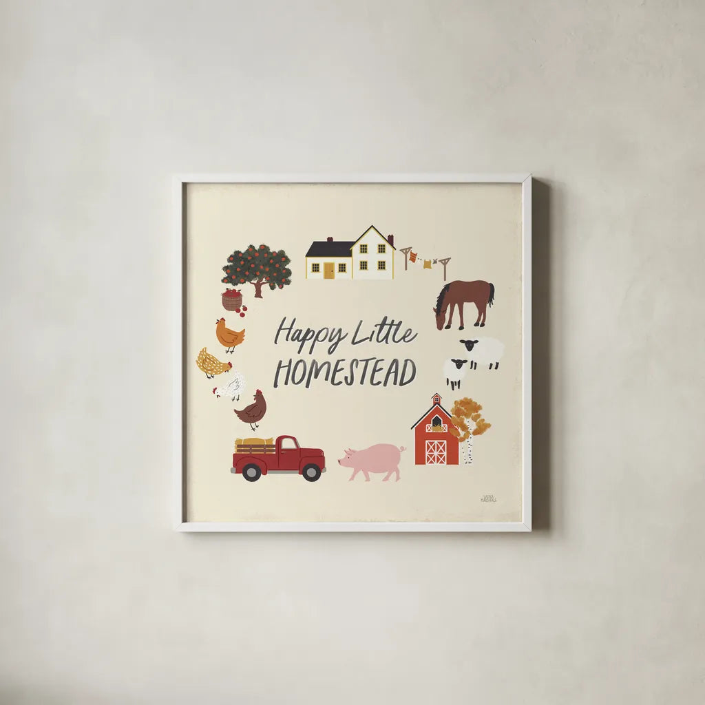 Harvest Village V by Laura Marshall. Shown in a crisp white glass frame for a clean and minimalist style. Available as an archival giclee rolled canvas, fine art paper, or poster print. SKU 101774a.