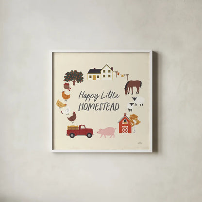Harvest Village V by Laura Marshall. Shown in a crisp white glass frame for a clean and minimalist style. Available as an archival giclee rolled canvas, fine art paper, or poster print. SKU 101774a.