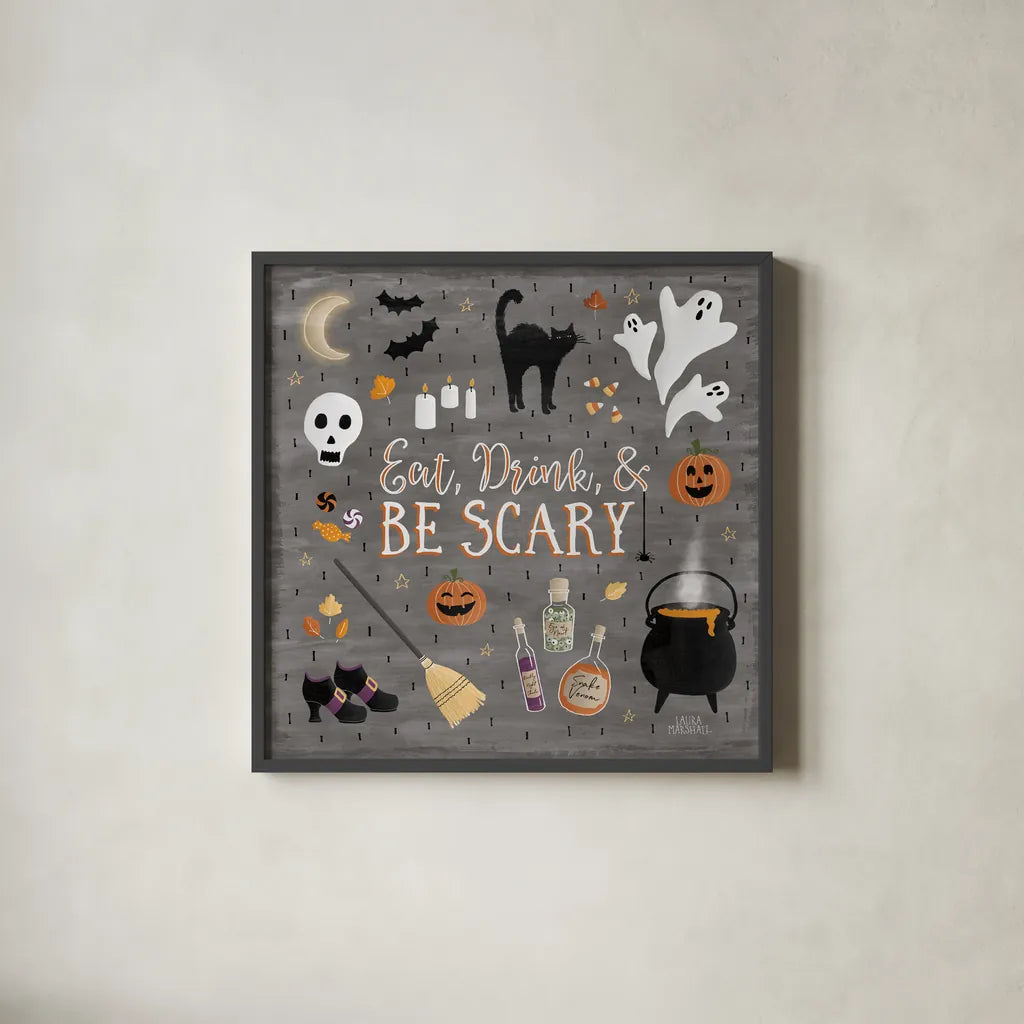 Haunted Halloween I by Laura Marshall. Shown in a sleek black glass frame for a contemporary gallery look. Available as an archival giclee rolled canvas, fine art paper, or poster print. SKU 32552a.