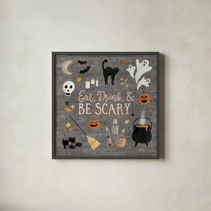 Haunted Halloween I by Laura Marshall. Shown in a sleek black glass frame for a contemporary gallery look. Available as an archival giclee rolled canvas, fine art paper, or poster print. SKU 32552a.