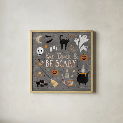 Haunted Halloween I by Laura Marshall. Shown in a natural wood glass frame for a timeless modern aesthetic. Available as an archival giclee rolled canvas, fine art paper, or poster print. SKU 32552a.