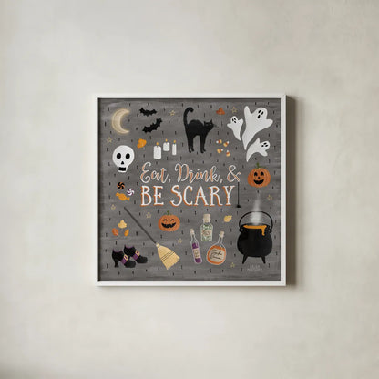 Haunted Halloween I by Laura Marshall. Shown in a crisp white glass frame for a clean and minimalist style. Available as an archival giclee rolled canvas, fine art paper, or poster print. SKU 32552a.