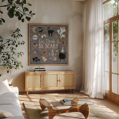 Haunted Halloween I by Laura Marshall. Shown in a natural wood frame in a cozy modern living room. Available as an archival giclee rolled canvas, fine art paper, or poster print. SKU 32552a.