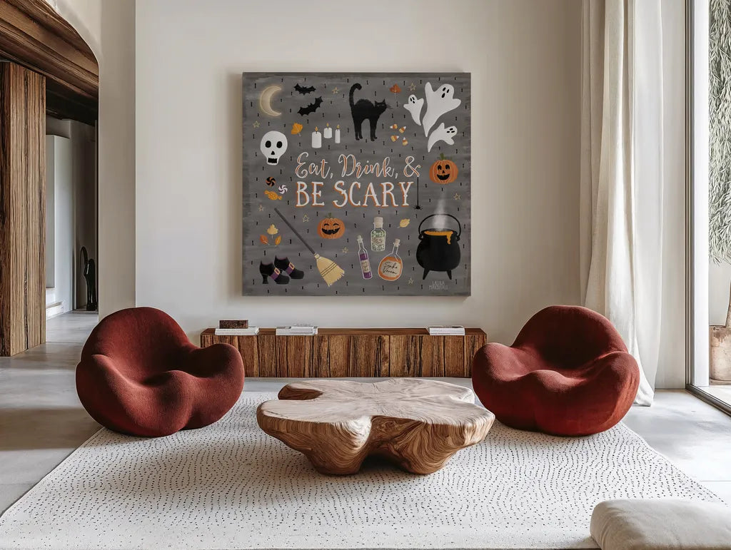 Haunted Halloween I by Laura Marshall. Shown as extra-large giant wall art in a modern living room. Available as an archival giclee rolled canvas, fine art paper, or poster print. SKU 32552a.