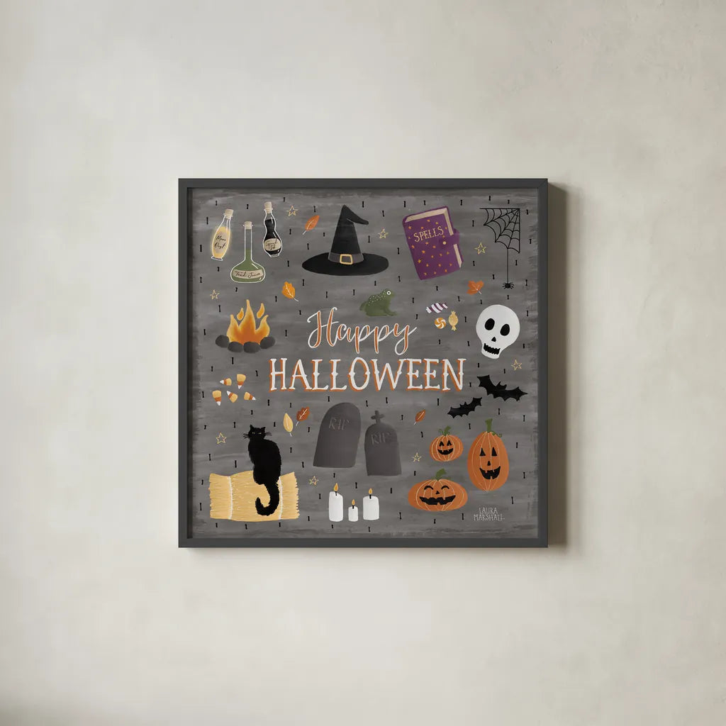 Haunted Halloween II by Laura Marshall. Shown in a sleek black glass frame for a contemporary gallery look. Available as an archival giclee rolled canvas, fine art paper, or poster print. SKU 32553a.