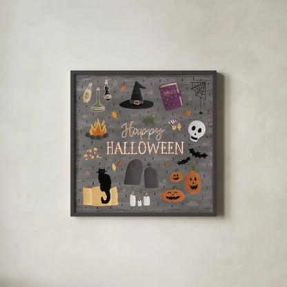 Haunted Halloween II by Laura Marshall. Shown in a sleek black glass frame for a contemporary gallery look. Available as an archival giclee rolled canvas, fine art paper, or poster print. SKU 32553a.