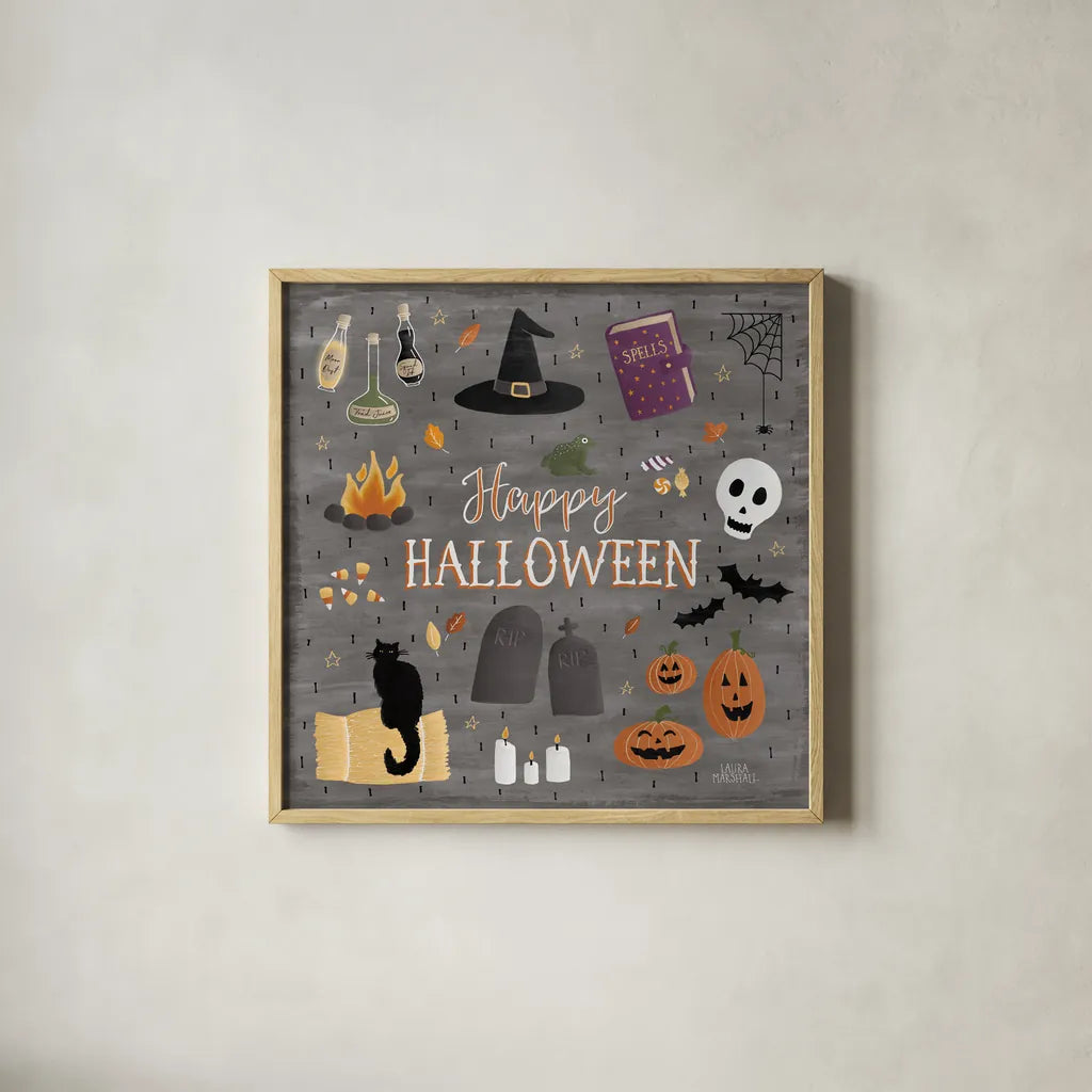 Haunted Halloween II by Laura Marshall. Shown in a natural wood glass frame for a timeless modern aesthetic. Available as an archival giclee rolled canvas, fine art paper, or poster print. SKU 32553a.