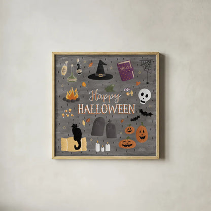 Haunted Halloween II by Laura Marshall. Shown in a natural wood glass frame for a timeless modern aesthetic. Available as an archival giclee rolled canvas, fine art paper, or poster print. SKU 32553a.