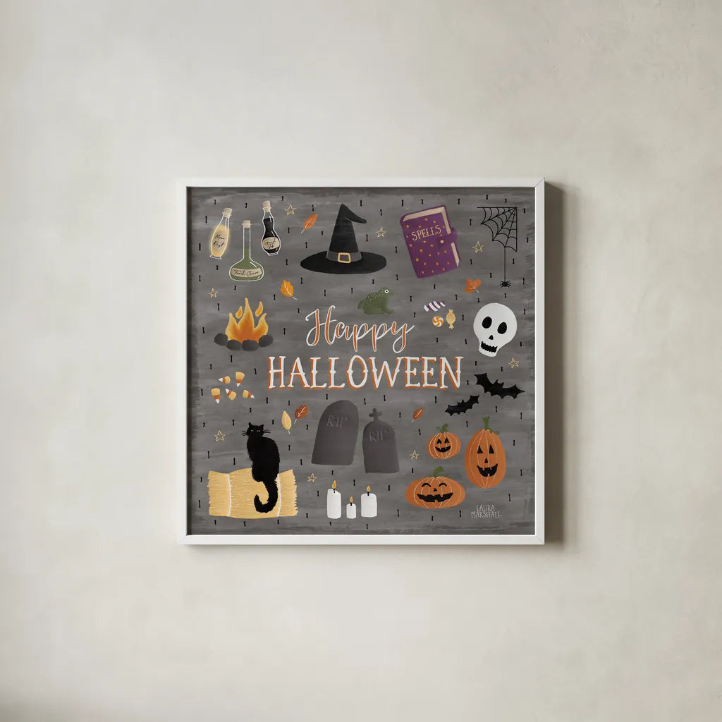 Haunted Halloween II by Laura Marshall. Shown in a crisp white glass frame for a clean and minimalist style. Available as an archival giclee rolled canvas, fine art paper, or poster print. SKU 32553a.