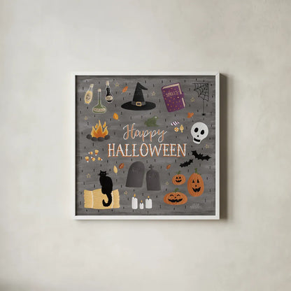 Haunted Halloween II by Laura Marshall. Shown in a crisp white glass frame for a clean and minimalist style. Available as an archival giclee rolled canvas, fine art paper, or poster print. SKU 32553a.