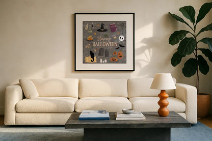 Haunted Halloween II by Laura Marshall. Displayed in a glass frame with matte in a clean modern living room. Available as an archival giclee rolled canvas, fine art paper, or poster print. SKU 32553a.