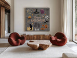 Haunted Halloween II by Laura Marshall. Shown as extra-large giant wall art in a modern living room. Available as an archival giclee rolled canvas, fine art paper, or poster print. SKU 32553a.