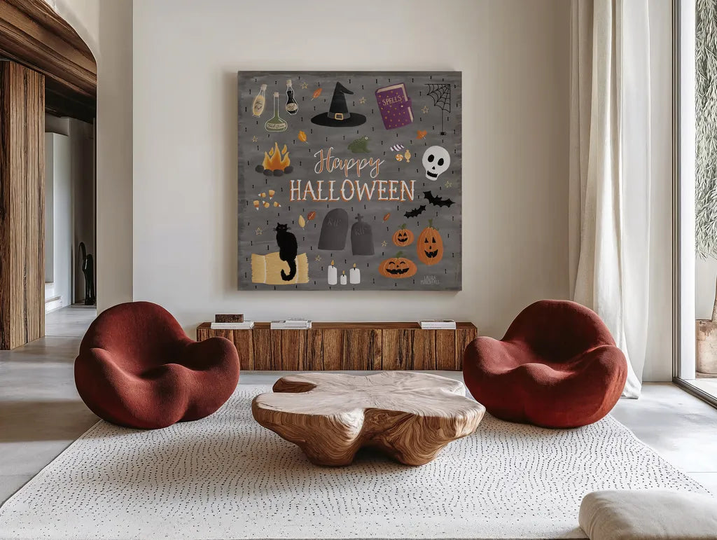 Haunted Halloween II by Laura Marshall. Shown as extra-large giant wall art in a modern living room. Available as an archival giclee rolled canvas, fine art paper, or poster print. SKU 32553a.