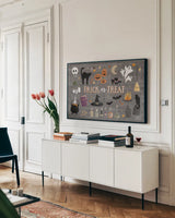 Haunted Halloween III by Laura Marshall. shown as a framed stretched canvas in a living room above a console. Available as a archival giclee rolled canvas, fine art paper, or poster print. SKU 32554i.