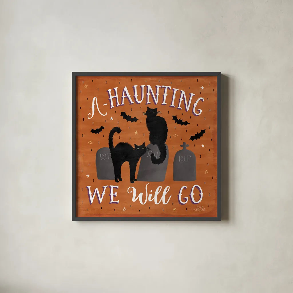 Haunted Halloween V by Laura Marshall. Shown in a sleek black glass frame for a contemporary gallery look. Available as an archival giclee rolled canvas, fine art paper, or poster print. SKU 32556a.