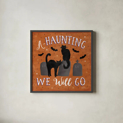 Haunted Halloween V by Laura Marshall. Shown in a sleek black glass frame for a contemporary gallery look. Available as an archival giclee rolled canvas, fine art paper, or poster print. SKU 32556a.