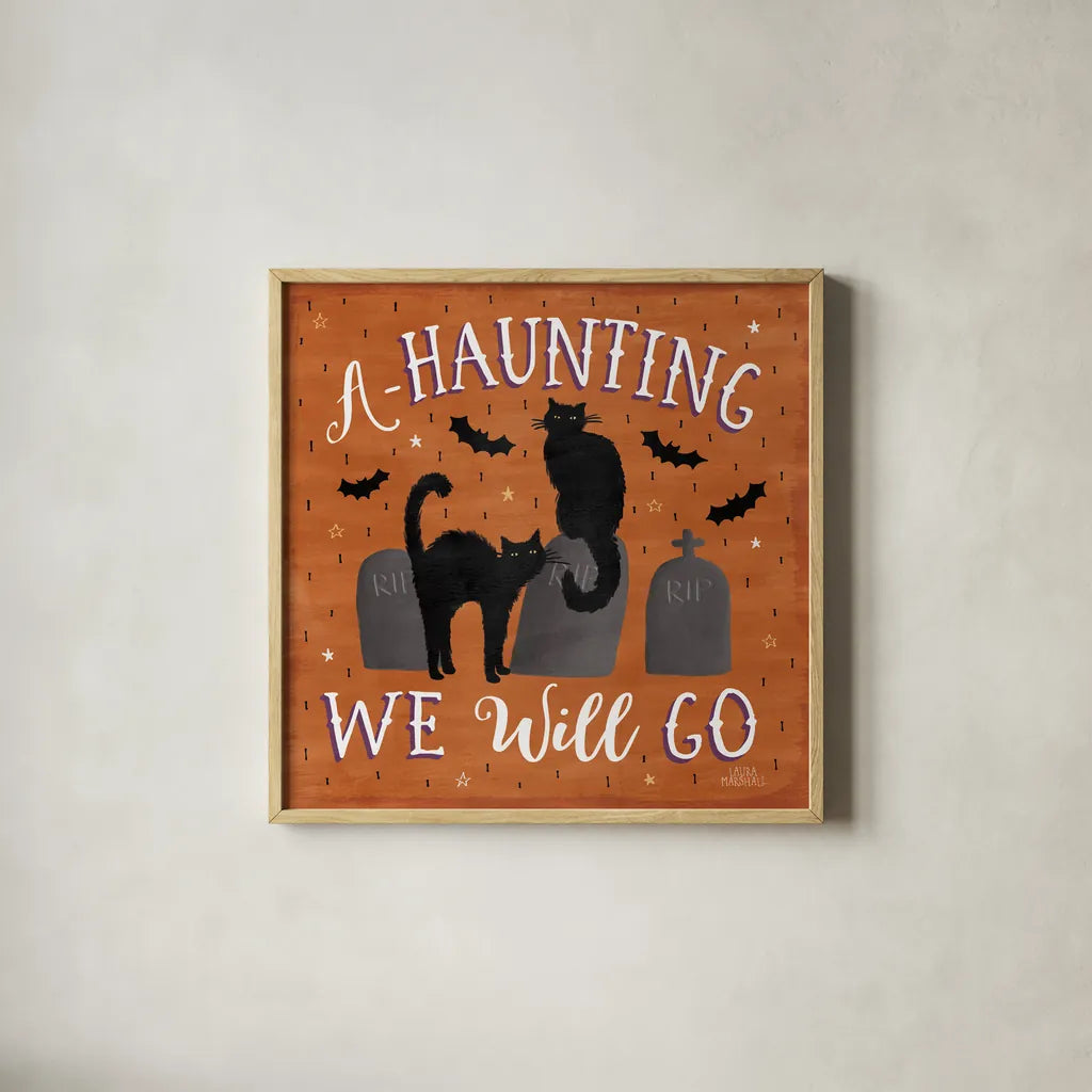 Haunted Halloween V by Laura Marshall. Shown in a natural wood glass frame for a timeless modern aesthetic. Available as an archival giclee rolled canvas, fine art paper, or poster print. SKU 32556a.