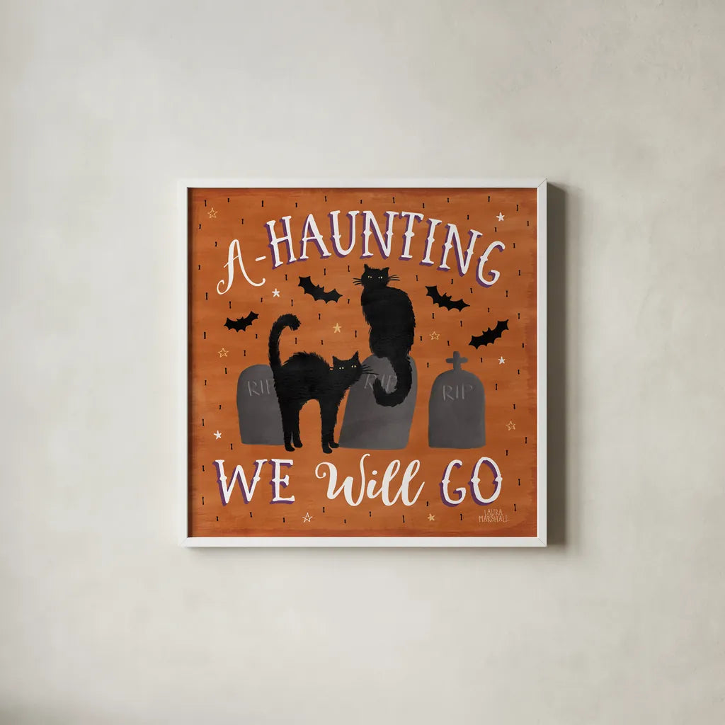 Haunted Halloween V by Laura Marshall. Shown in a crisp white glass frame for a clean and minimalist style. Available as an archival giclee rolled canvas, fine art paper, or poster print. SKU 32556a.