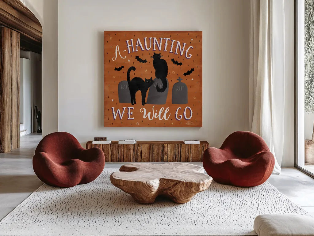 Haunted Halloween V by Laura Marshall. Shown as extra-large giant wall art in a modern living room. Available as an archival giclee rolled canvas, fine art paper, or poster print. SKU 32556a.