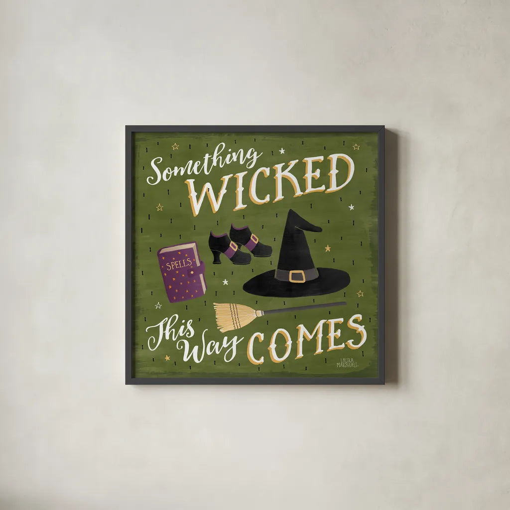 Haunted Halloween VI by Laura Marshall. Shown in a sleek black glass frame for a contemporary gallery look. Available as an archival giclee rolled canvas, fine art paper, or poster print. SKU 32557a.