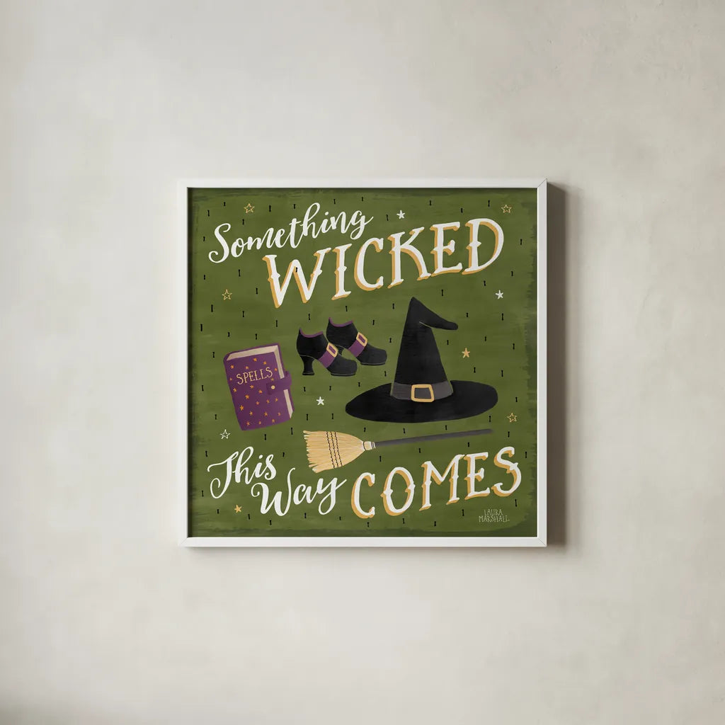 Haunted Halloween VI by Laura Marshall. Shown in a crisp white glass frame for a clean and minimalist style. Available as an archival giclee rolled canvas, fine art paper, or poster print. SKU 32557a.