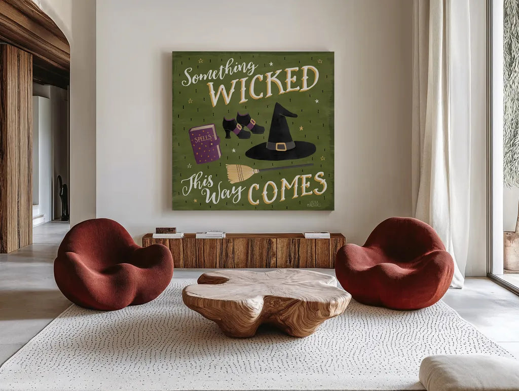 Haunted Halloween VI by Laura Marshall. Shown as extra-large giant wall art in a modern living room. Available as an archival giclee rolled canvas, fine art paper, or poster print. SKU 32557a.