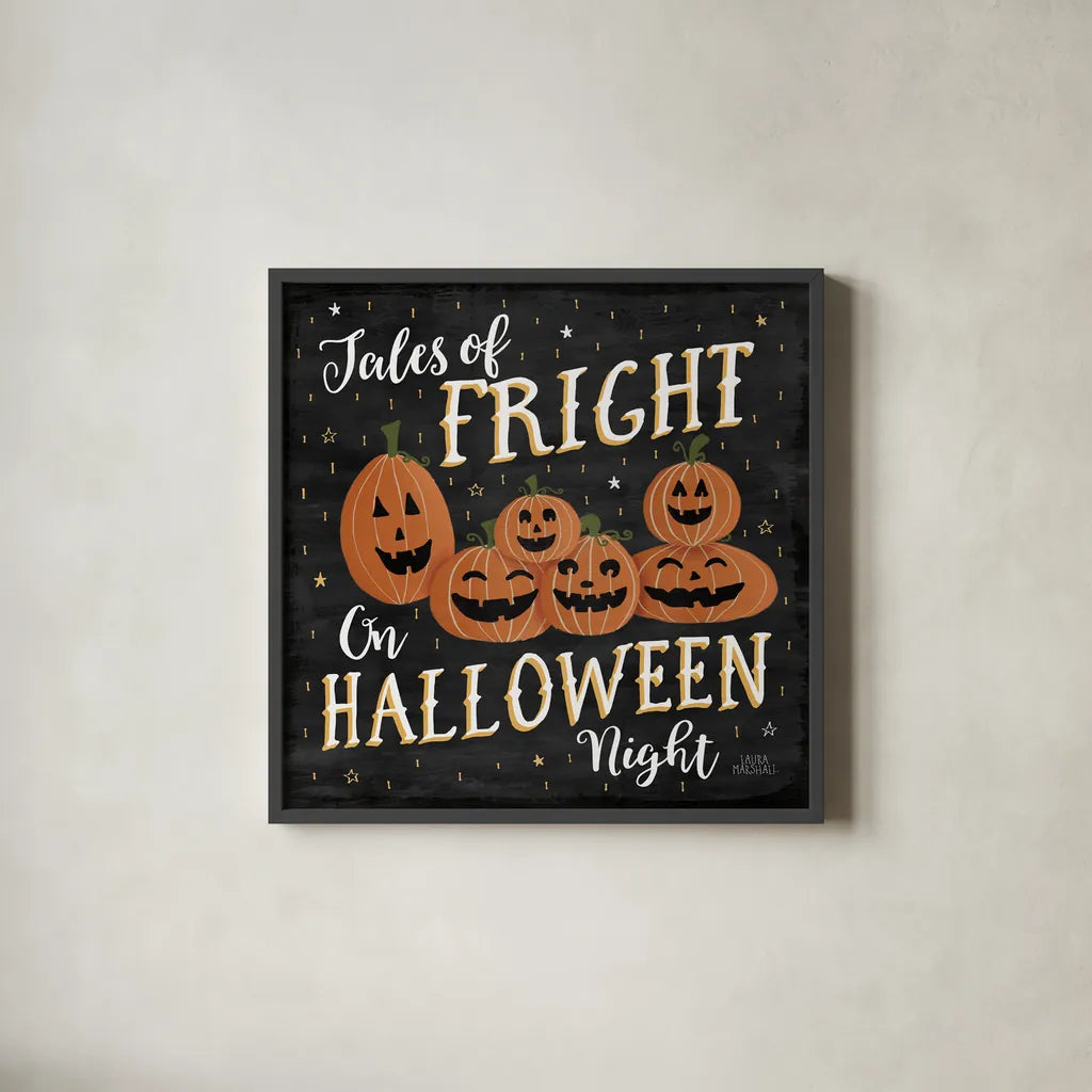 Haunted Halloween VII by Laura Marshall. Shown in a sleek black glass frame for a contemporary gallery look. Available as an archival giclee rolled canvas, fine art paper, or poster print. SKU 32558a.