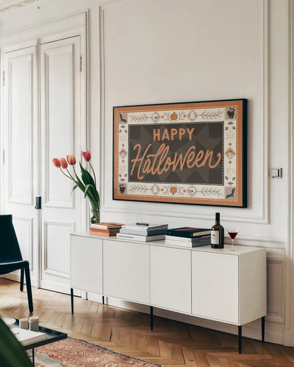 Haunted Harvest I by Laura Marshall. shown as a framed stretched canvas in a living room above a console. Available as a archival giclee rolled canvas, fine art paper, or poster print. SKU 94150i.